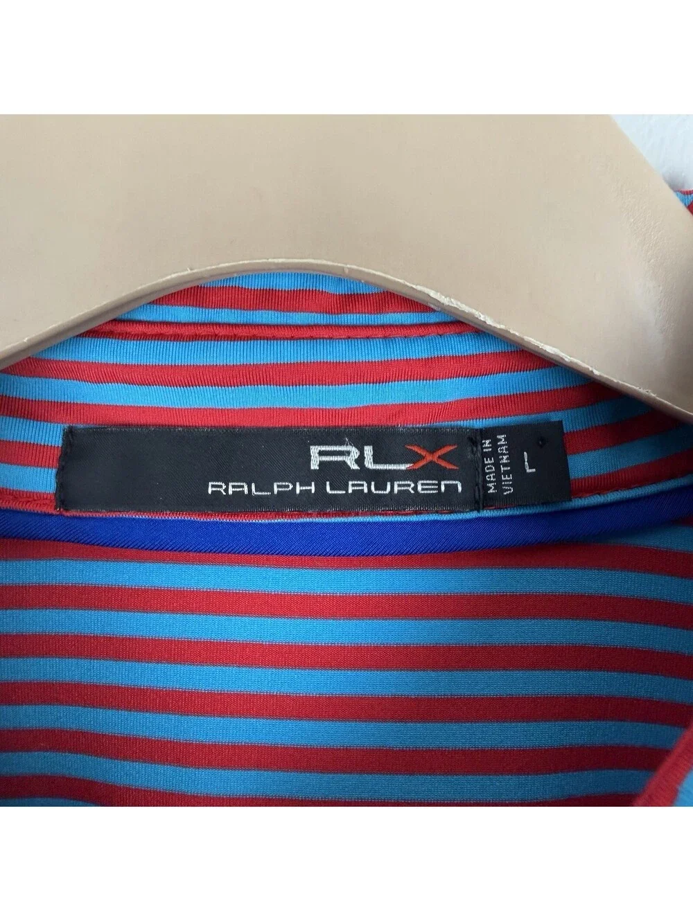 RLX Ralph Lauren Golf Polo Shirt Mens Large Blue Red Striped Performance